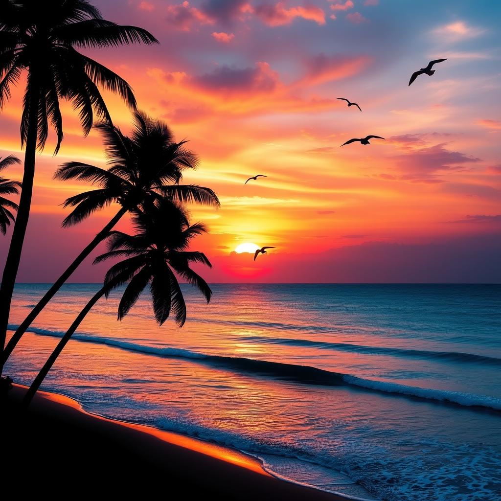 A creative composition of a vibrant sunset over a calm ocean, with soft waves lapping at the shore