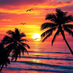 A creative composition of a vibrant sunset over a calm ocean, with soft waves lapping at the shore