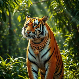 A majestic merchant tiger standing proudly against a lush green jungle background