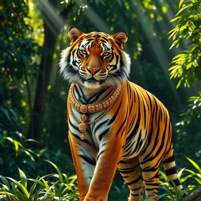 A majestic merchant tiger standing proudly against a lush green jungle background