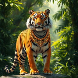 A majestic merchant tiger standing proudly against a lush green jungle background