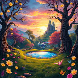 A vibrant fantasy landscape featuring a magical forest filled with glowing flowers and towering trees with intricate, twisting branches