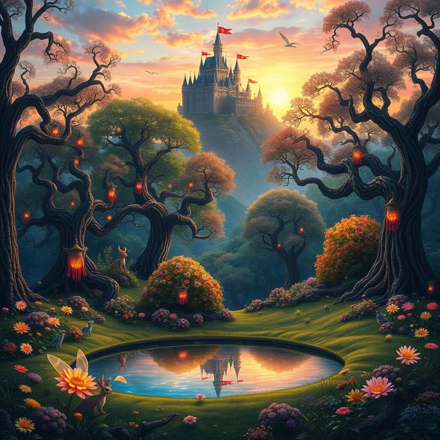 A vibrant fantasy landscape featuring a magical forest filled with glowing flowers and towering trees with intricate, twisting branches