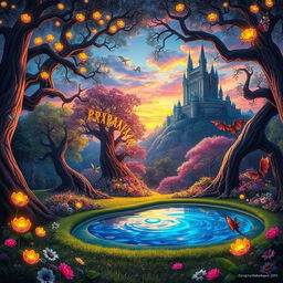 A vibrant fantasy landscape featuring a magical forest filled with glowing flowers and towering trees with intricate, twisting branches