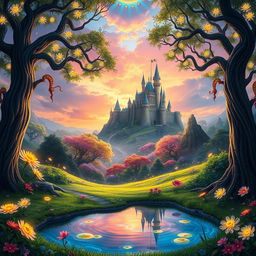 A vibrant fantasy landscape featuring a magical forest filled with glowing flowers and towering trees with intricate, twisting branches