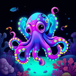 A vibrant digital illustration of an octopus with a futuristic twist, featuring colorful tentacles and glowing bioluminescent patterns