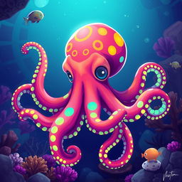 A vibrant digital illustration of an octopus with a futuristic twist, featuring colorful tentacles and glowing bioluminescent patterns