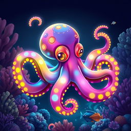 A vibrant digital illustration of an octopus with a futuristic twist, featuring colorful tentacles and glowing bioluminescent patterns