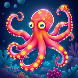 A vibrant digital illustration of an octopus with a futuristic twist, featuring colorful tentacles and glowing bioluminescent patterns