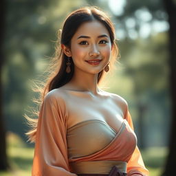 A beautiful woman with large breasts, a blend of Indonesian and South Korean features, wearing traditional and modern fusion attire, standing confidently in a serene outdoor setting