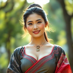 A beautiful woman with large breasts, a blend of Indonesian and South Korean features, wearing traditional and modern fusion attire, standing confidently in a serene outdoor setting
