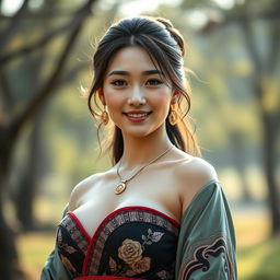 A beautiful woman with large breasts, a blend of Indonesian and South Korean features, wearing traditional and modern fusion attire, standing confidently in a serene outdoor setting