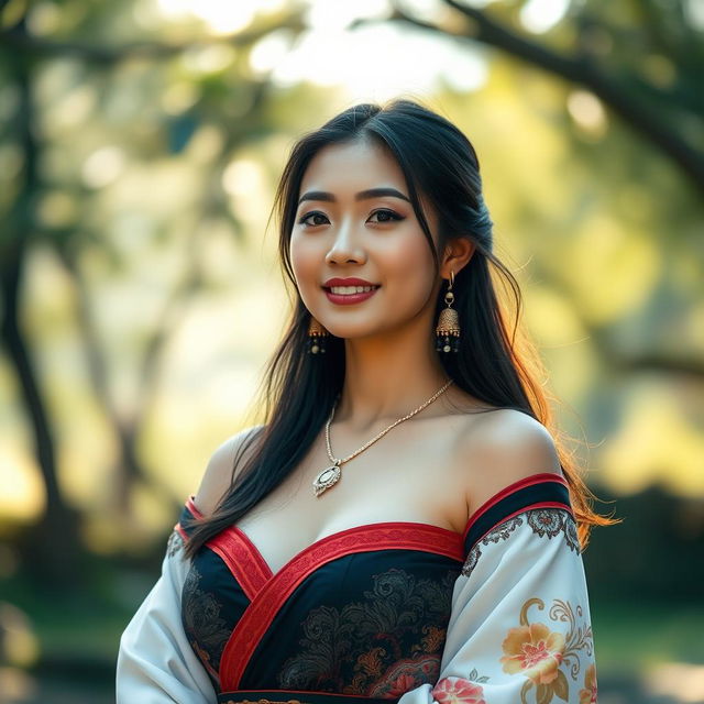 A beautiful woman with large breasts, a blend of Indonesian and South Korean features, wearing traditional and modern fusion attire, standing confidently in a serene outdoor setting