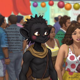 A unique character with dark skin pigmentation highlighting their strong social behavior, showcasing their acute hearing abilities in a vibrant environment