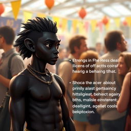 A unique character with dark skin pigmentation highlighting their strong social behavior, showcasing their acute hearing abilities in a vibrant environment