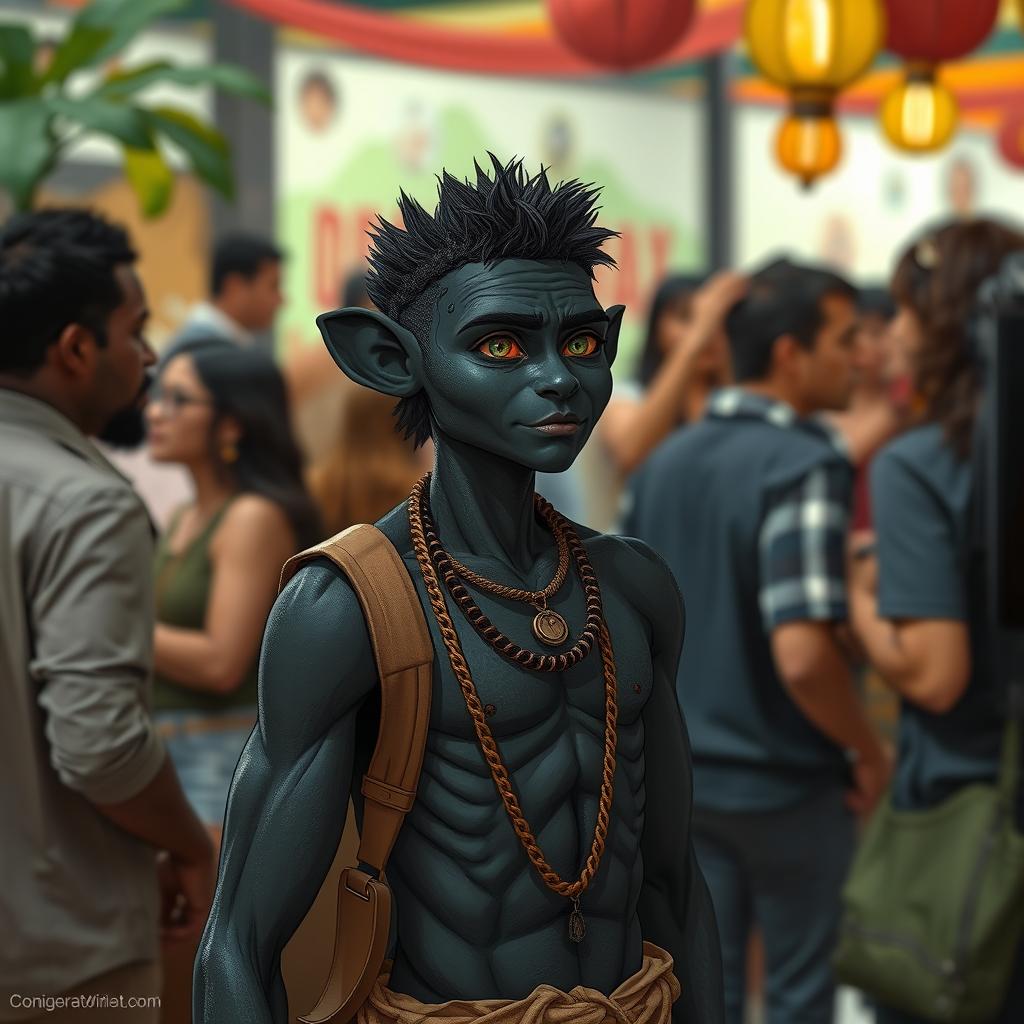 A unique character with dark skin pigmentation highlighting their strong social behavior, showcasing their acute hearing abilities in a vibrant environment