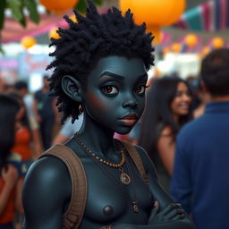 A unique character with dark skin pigmentation highlighting their strong social behavior, showcasing their acute hearing abilities in a vibrant environment