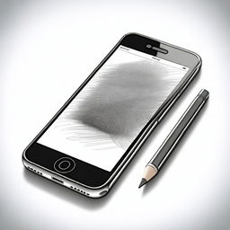 A black and white pencil sketch portraying a highly detailed and realistic iPhone