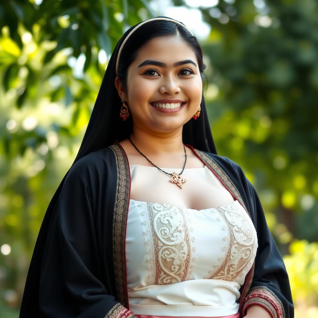 A beautiful woman with very large breasts, showcasing a mix of Indonesian and Filipino features, dressed in a blend of traditional and modern religious attire