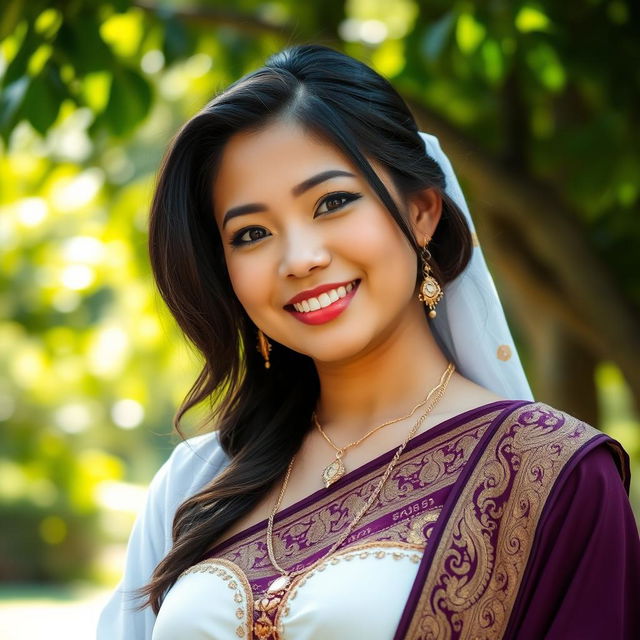 A beautiful woman with very large breasts, showcasing a mix of Indonesian and Filipino features, dressed in a blend of traditional and modern religious attire