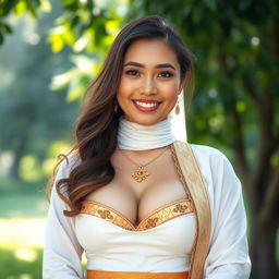 A beautiful woman with very large breasts, showcasing a mix of Indonesian and Filipino features, dressed in a blend of traditional and modern religious attire
