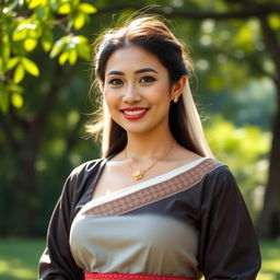 A beautiful woman with very large breasts, showcasing a mix of Indonesian and Filipino features, dressed in a blend of traditional and modern religious attire