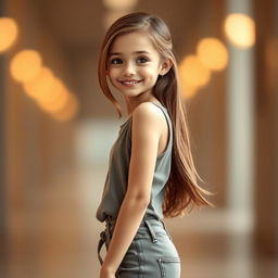 A portrait of a slender girl standing confidently, with a height of 62 inches and a weight of 108 pounds