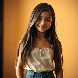 A portrait of a slender girl standing confidently, with a height of 62 inches and a weight of 108 pounds