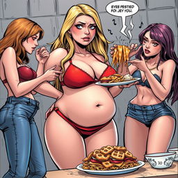 A realistic comic book illustration depicting an 18-year-old girl with a sweet, thin face and stunning long blonde hair, wearing a tiny red bikini
