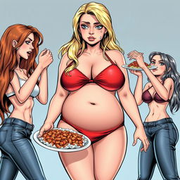 A realistic comic book illustration depicting an 18-year-old girl with a sweet, thin face and stunning long blonde hair, wearing a tiny red bikini