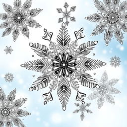 Intricate and detailed zentangle-style snowflakes featuring a variety of unique patterns and designs