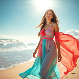 A beautiful scene featuring a woman wearing a vibrant beach dress, standing on a sandy beach with the sun shining brightly overhead