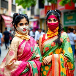 Two attractive Indian women wearing colorful sarees, each showcasing beautiful patterns