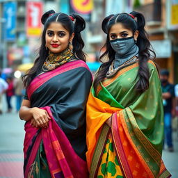 Two attractive Indian women wearing colorful sarees, each showcasing beautiful patterns