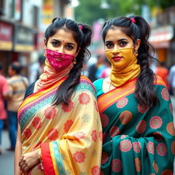 Two attractive Indian women wearing colorful sarees, each showcasing beautiful patterns