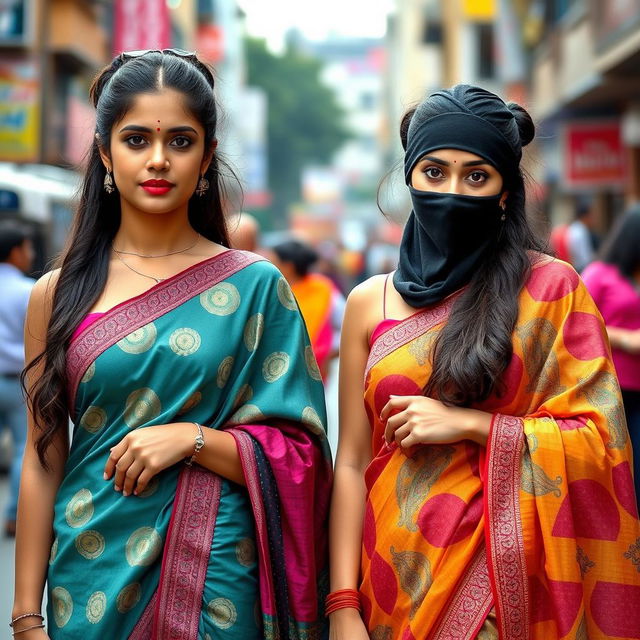 Two attractive Indian women wearing colorful sarees, each showcasing beautiful patterns