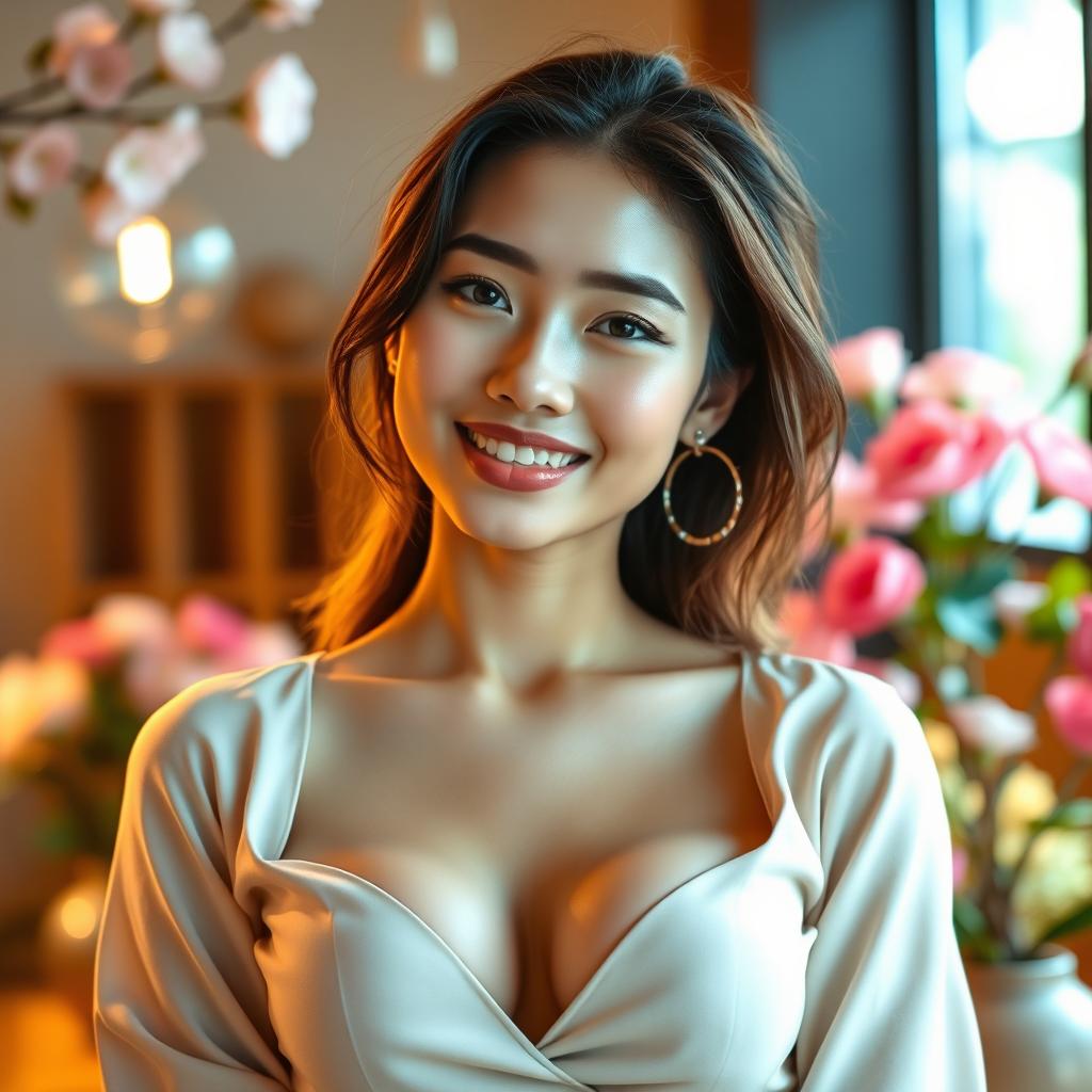 A beautiful woman with very large breasts, embodying Indonesian Christian features
