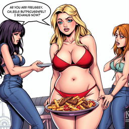 A realistic comic book style illustration featuring an 18-year-old girl with a sweet, thin face and long, beautiful blonde hair, wearing a tiny red bikini