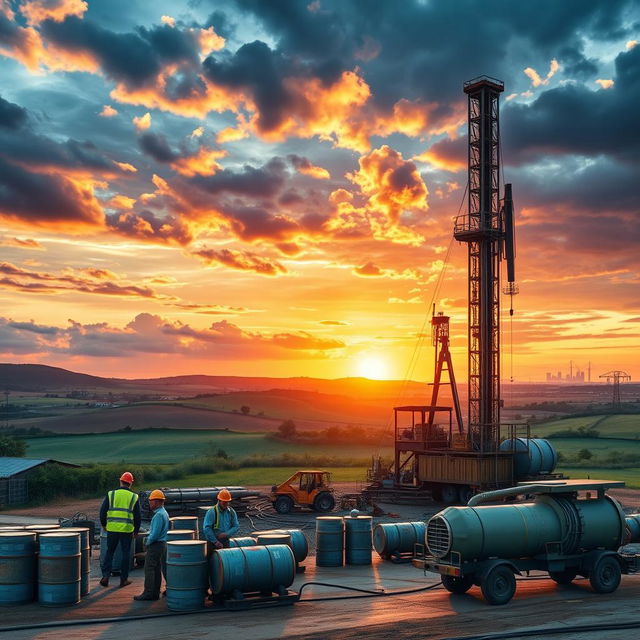 A dynamic and vibrant scene depicting the oil industry, showcasing an oil rig standing tall against a sunset backdrop with dramatic skies