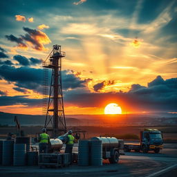 A dynamic and vibrant scene depicting the oil industry, showcasing an oil rig standing tall against a sunset backdrop with dramatic skies