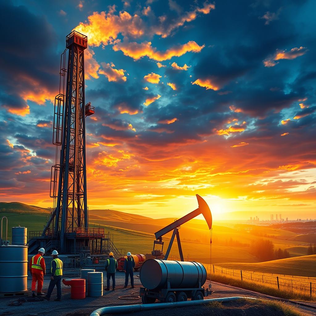 A dynamic and vibrant scene depicting the oil industry, showcasing an oil rig standing tall against a sunset backdrop with dramatic skies