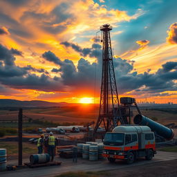 A dynamic and vibrant scene depicting the oil industry, showcasing an oil rig standing tall against a sunset backdrop with dramatic skies