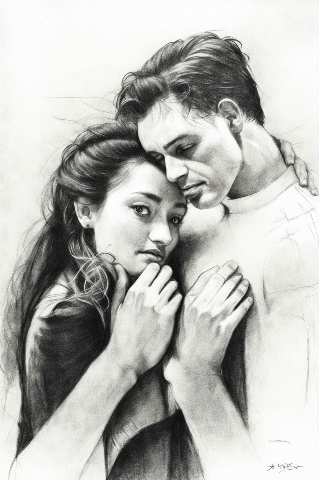 This is a detailed and realistic pencil sketch of a beautiful couple in a romantic moment