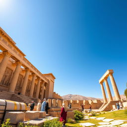 A panoramic view of Persepolis (Takhte Jamshid), an ancient ceremonial capital of the Persian Empire, capturing the grandeur of its monumental terraces, intricately carved stone columns, and exquisite bas-reliefs depicting scenes of royalty and mythology
