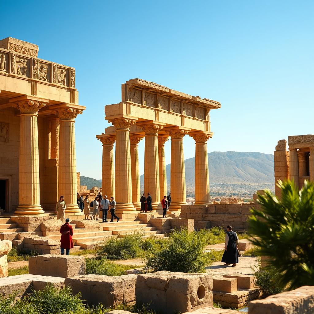 A panoramic view of Persepolis (Takhte Jamshid), an ancient ceremonial capital of the Persian Empire, capturing the grandeur of its monumental terraces, intricately carved stone columns, and exquisite bas-reliefs depicting scenes of royalty and mythology