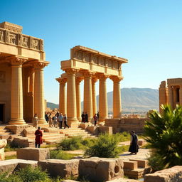 A panoramic view of Persepolis (Takhte Jamshid), an ancient ceremonial capital of the Persian Empire, capturing the grandeur of its monumental terraces, intricately carved stone columns, and exquisite bas-reliefs depicting scenes of royalty and mythology