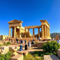 A panoramic view of Persepolis (Takhte Jamshid), an ancient ceremonial capital of the Persian Empire, capturing the grandeur of its monumental terraces, intricately carved stone columns, and exquisite bas-reliefs depicting scenes of royalty and mythology