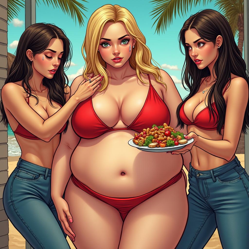 A realistic comic book style illustration depicting an 18-year-old girl with a sweet, thin face and beautiful, long blonde hair, wearing a tiny red bikini