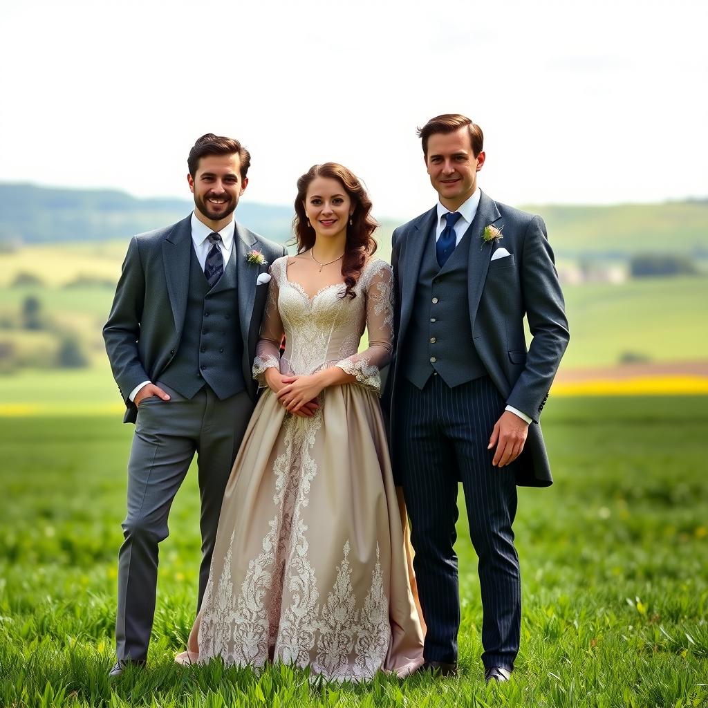 A group of three aristocrat siblings, two brothers and one sister, all appearing to be around 35 years old