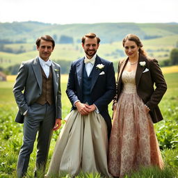 A group of three aristocrat siblings, two brothers and one sister, all appearing to be around 35 years old